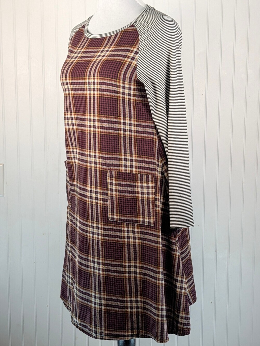 Plaid Patch Pocket Dress with Striped Raglan Sleeves Size M